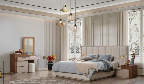 Beige Schlafzimmer Garnitur LuxuriÃ¶se Polsterbetten Nachttische Schrank
