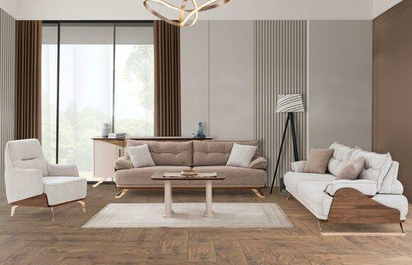 Komplette Beige Couchgarnitur Designer Dreisitzer Sessel Polster MÃ¶bel