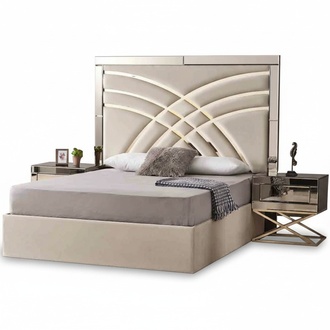 Beige Schlafzimmer MÃ¶bel Textilbett LuxuriÃ¶se Holz 2x Nachttische 3tlg