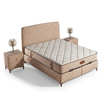 Beige Textil-Holz Bett mit Matratze modern und komfortabel