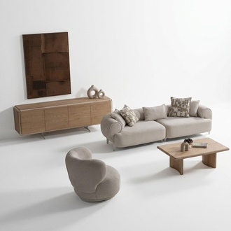 Beige Textil Wohnzimmer Set mit Holzrahmen modern und elegant