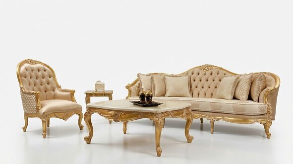 Beige Wohnzimmer Chesterfield Sofagarnitur Klassischer 3-Sitzer Sessel