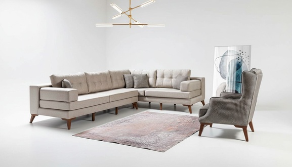 Beige Wohnzimmer Garnitur Designer Ecksofa LuxuriÃ¶ser Sessel 2tlg Set