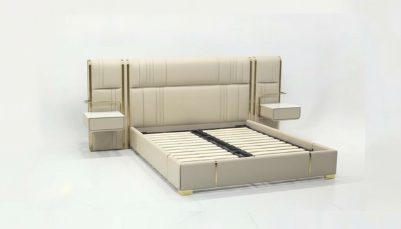 Beiges Schlafzimmer Doppelbett mit groÃem Kopfteil Designer Holz Betten
