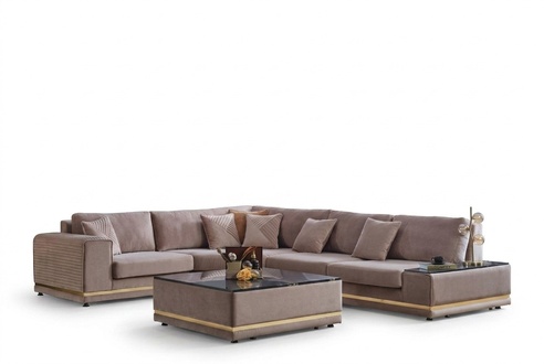 Beiges Wohnzimmer Set Stilvolle L-Form Wohnlandschaft Designer Hocker