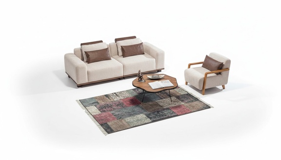 Beiges Wohnzimmer Sofaset Exklusiver 2-Sitzer Textilsessel Polster MÃ¶bel