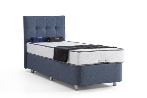 Bett Blau Einzelbett Metall Modern Betten Luxus Stoff Bett Chesterfield Neu