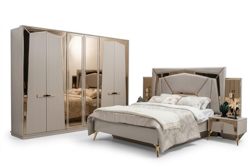Bett Nachttische Kleiderschrank SpiegeltÃ¼r Beige Gold Schlafzimmer Set 4tlg.