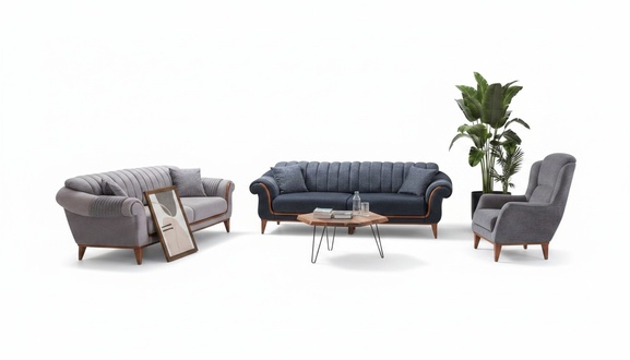 Blau-Graues Wohnzimmer Set Moderne Sofagarnitur 3+3+1 Sitzer Sessel