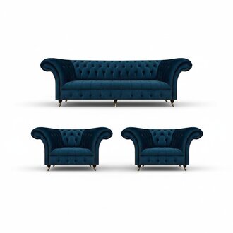 Blaue Chesterfield 2x Sessel Wohnzimmer Dreisitzer Polster Couch 3tlg