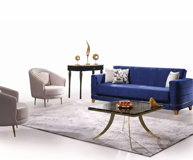 Blaue Polstergarnitur Set 3+1+1 Sitzer Sofa Set Sessel Sofagarnitur 3tlg