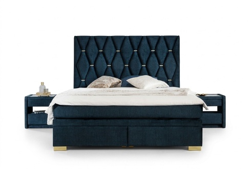 Blaue Schlafzimmer Textil Garnitur Edle Nachttische Edelstahlbett 3tlg
