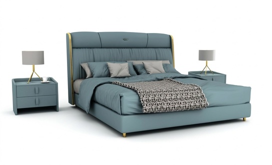 Blaues Schlafzimmer Doppelbett Designer MÃ¶bel LED-Bett Holz Textilbetten