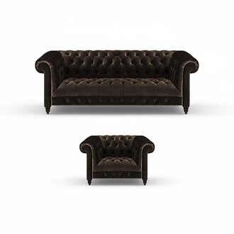 Braune Chesterfield Polster Garnitur Designer 3-Sitzer Textil Sessel 2tlg