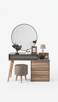 Brauner Holz Schminktisch mit Rundspiegel Designer Schlafzimmer 2tlg Set Konsole