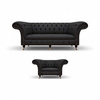 Chesterfield Schwarze Stoffgarnitur Designer 3-Sitzer Polstersessel 2tlg