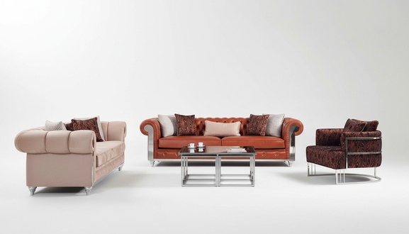 Chesterfield Sofagarnitur Dreisitzer Braun Couchgarnitur Polstersofa