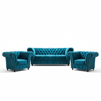 Chesterfield Wohnzimmer Blau Sofagarnitur Polster Textil Komplett 3tlg 3+1+1