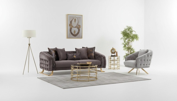 Couchgarnitur Dreisitzer Sessel Couch Stoff Polstersofa Sofa Braun