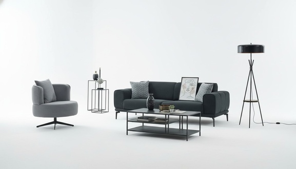Couchgarnitur Polstersofa Dreisitzer Sessel Schwarz Stoffsofa Set 2tlg