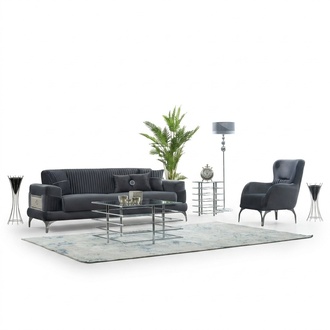 Couchgarnitur Polstersofa Dreisitzer Stoff Grau Set 2tlg Couch Sessel