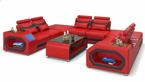 Design Wohnlandschaft GroÃes Sofa XXL U Form Ecksofa Ledersofa Rot LED