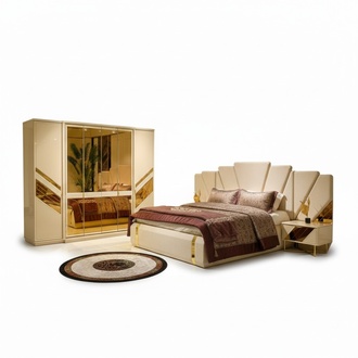 Doppelbett Kleiderschrank SpiegeltÃ¼r Nachttische Gold Beige Schlafzimmer 4tlg