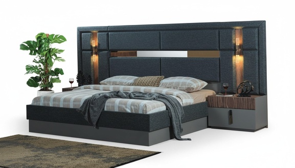 Dunkel-Graues Doppelbett Designer Holz Nachttische Schlafzimmergarnitur