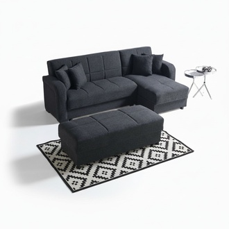 Ecksofa L-Form Hocker Schwarz Komplett Wohnzimmer Set 2tlg. Luxus MÃ¶bel