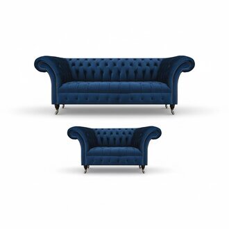 Edle Chesterfield Sofagarnitur Designer Blauer Dreisitzer Polster 2-er
