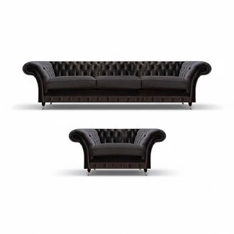 Edle Schwarze Chesterfield Garnitur Moderner Dreisitzer Textil Sessel
