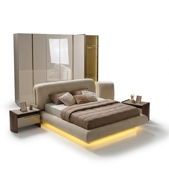 Elegantes Beiges Holzbett mit Textilbezug in zeitlosem Design