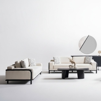 Elegantes beiges Wohnzimmer Set mit Holz und Textil, modern