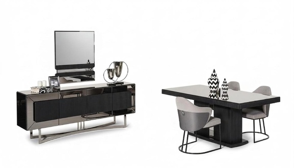 Elegantes schwarzes Esszimmer Set aus Holz mit Spiegel und Sideboard
