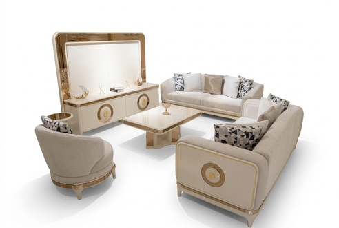 Elegantes Stoff-Sofa-Set in Beige mit Holzdesign fÃ¼r modernes