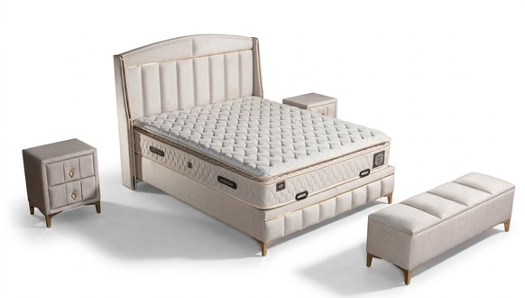 Elegantes weiÃes Bett mit Matratze aus Textil und Edelstahl