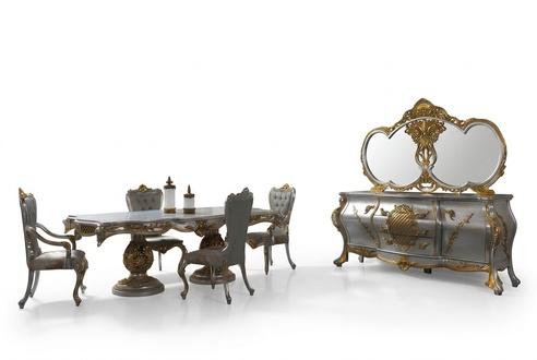 Essgruppe Esszimmer Esstisch StÃ¼hle Holz Set 11tlg Grau Barock Sideboard