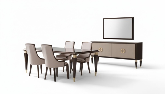 Esszimmer Set: Tisch, 6 StÃ¼hle, Sideboard & Spiegel â stilvoll & modern