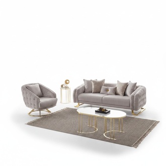 Garnitur Dreisitzer Sessel Couch Stoff 2tlg Polstersofa Sofa Grau Set