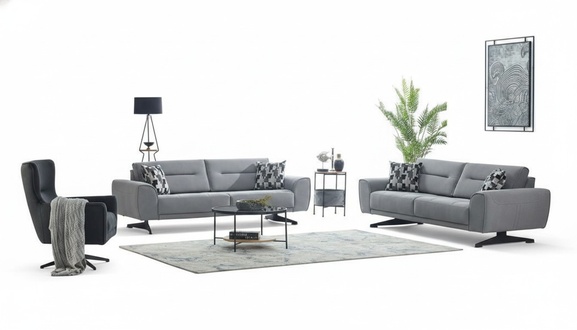 Garnitur Dreisitzer Sessel Couch Stoff 3tlg Polstersofa Sofa Grau Set