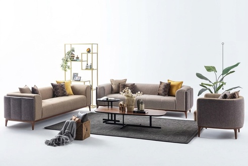 Garnitur Dreisitzer Viersitzer Sessel Sofa Stoff Beige Stoffsofa Set 4+3+1