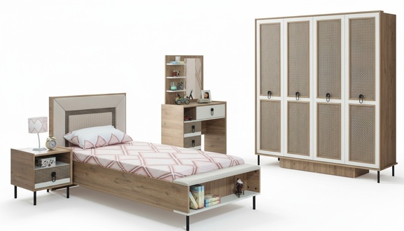 Garnitur Kinderzimmer Bett Kinderbett KindermÃ¶bel Braun Holz Set 5tlg