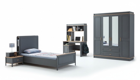 Garnitur Kinderzimmer Bett Kinderbett KindermÃ¶bel Grau Holz Set 4tlg