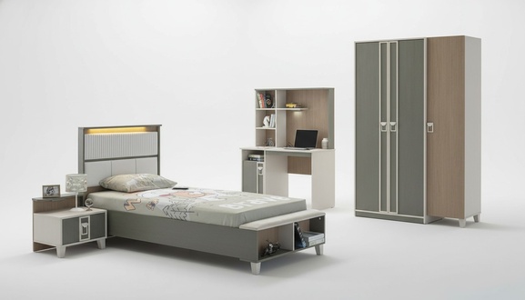 Garnitur Kinderzimmer Bett Kinderbett KindermÃ¶bel Grau Holz Set 4tlg