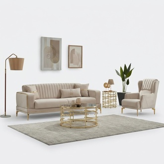 Garnitur Sofagarnitur Couch Polstersofa Dreisitzer Sessel Beige 2tlg