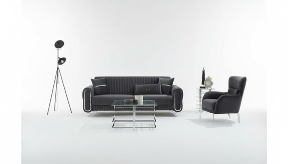 Garnitur Sofagarnitur Couch Polstersofa Dreisitzer Sessel Grau 2tlg