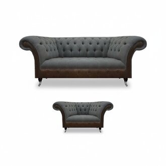 Grau-Braune Wohnzimmer Chesterfield Garnitur Dreisitzer Lehnsessel 2tlg