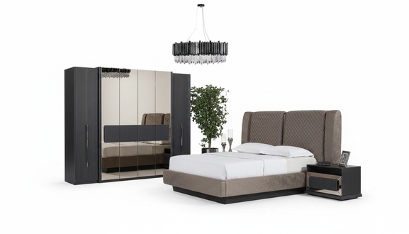 Schlafzimmer-Set mit hellbraunem Bett, Nachttischen und Kleiderschrank