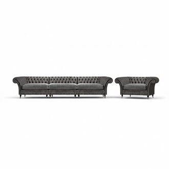 Graue Chesterfield 2tlg Sitzgarnitur Edler 3-Sitzer Moderner Lehnsessel