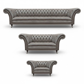 Graue Chesterfield Ledergarnitur Designer Polstercouchen Lehnsessel 3tlg